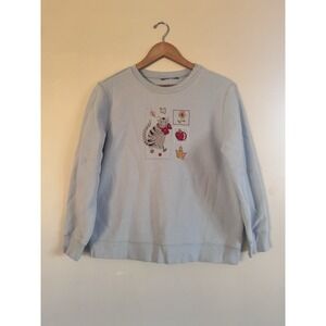 Vintage 90s 80s Embroidered Cat Sweatshirt Flaws Read VTG Blue Fall Grannycore
